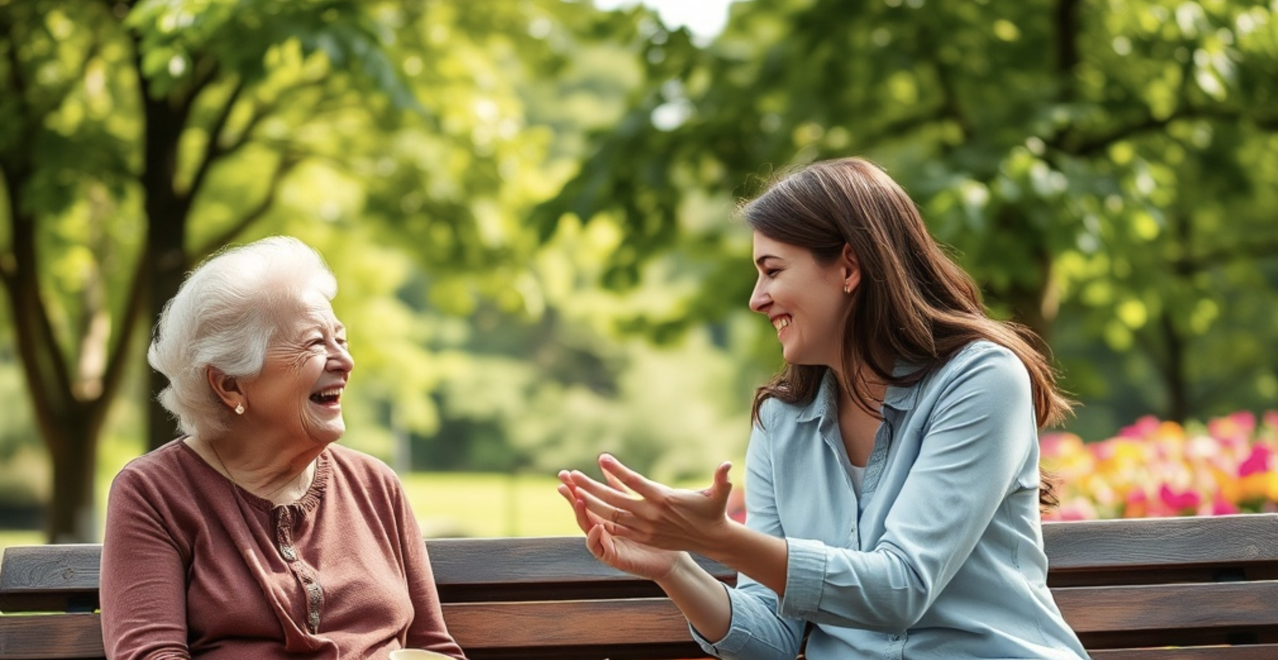 A senior and companion sharing a joyful conversation outdoors